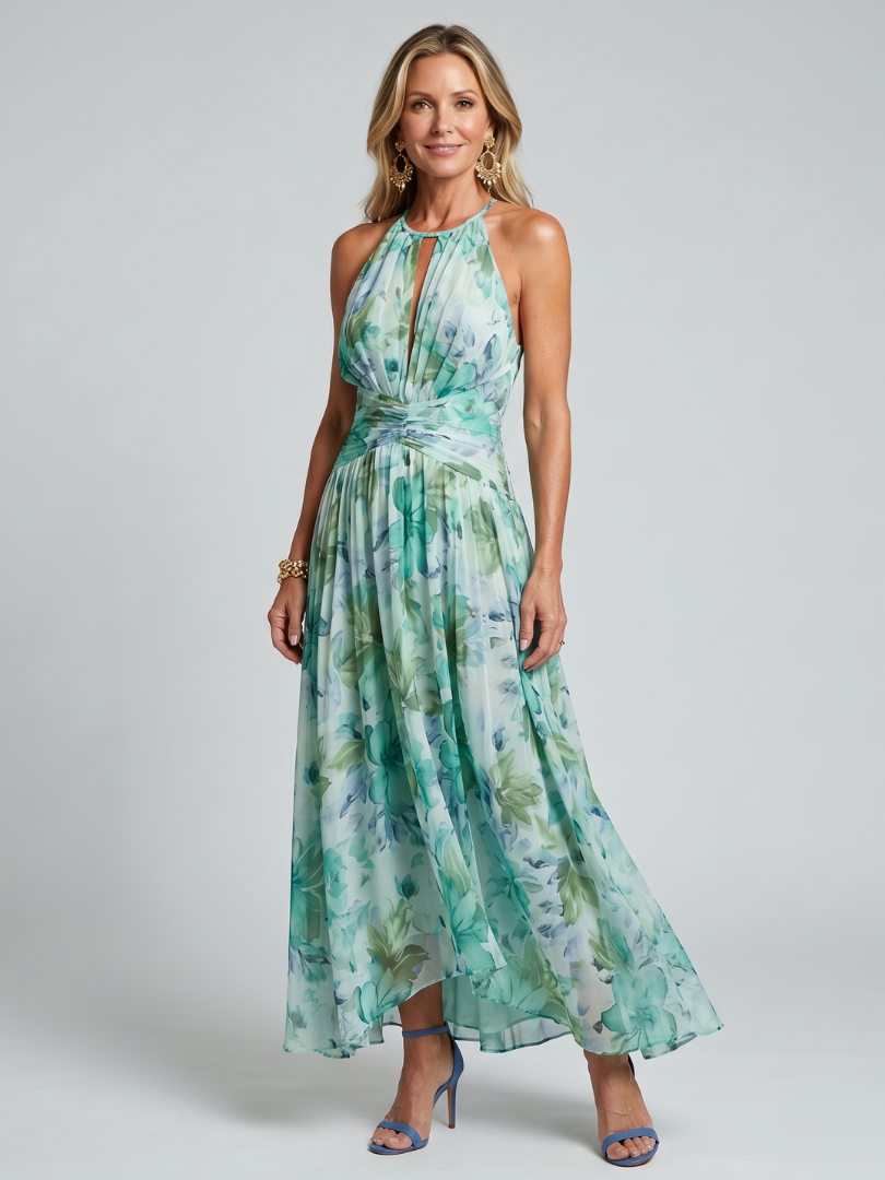 Portia | Pleated Halter Soft Floral Pattern Midi Dress-1