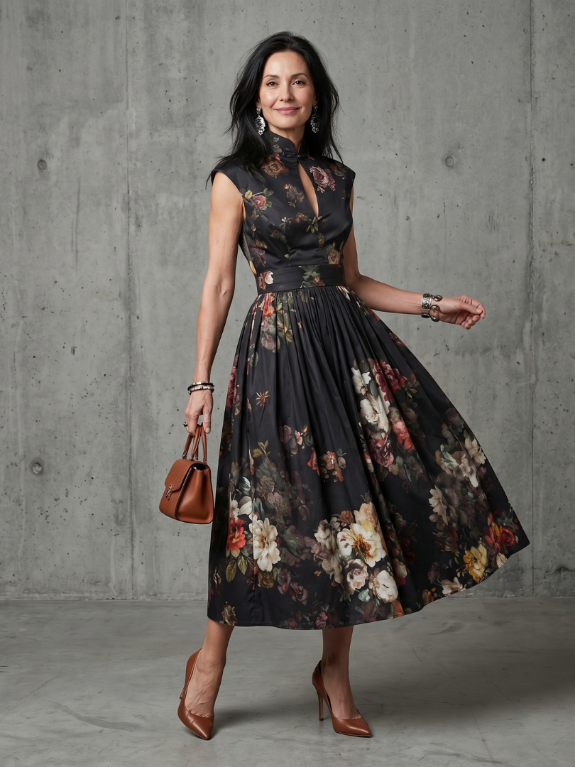 Greta | High Neck Keyhole Floral Pleated Midi Dress-1