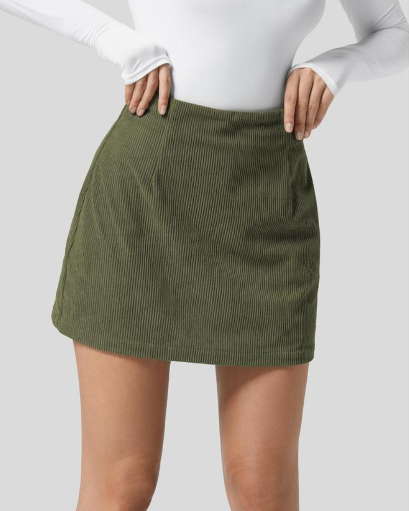 High Waisted Invisible Zipper 2-in-1 Mini A-line Corduroy Casual Skirt-2