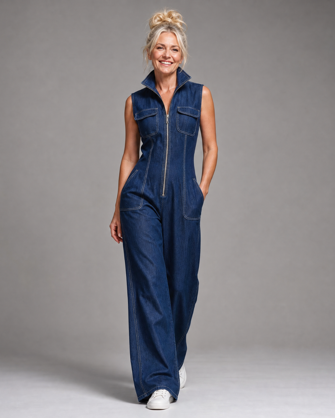 Samantha | Zip Front Sleeveless Denim Wide Leg Jumpsuit-1