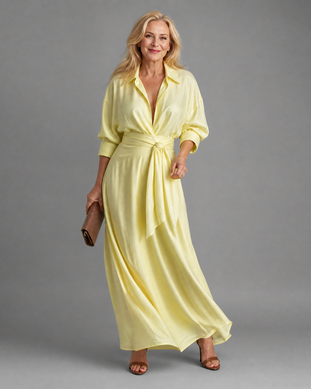 Zelith | Belted Collared Flowing Long Sleeve Midi Dress-1
