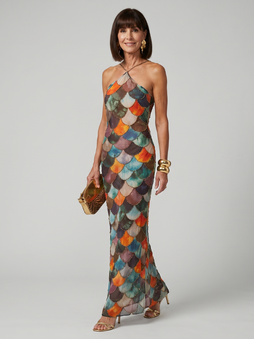 Larkin | Fitted Multicolor Scale Pattern Maxi Dress-1