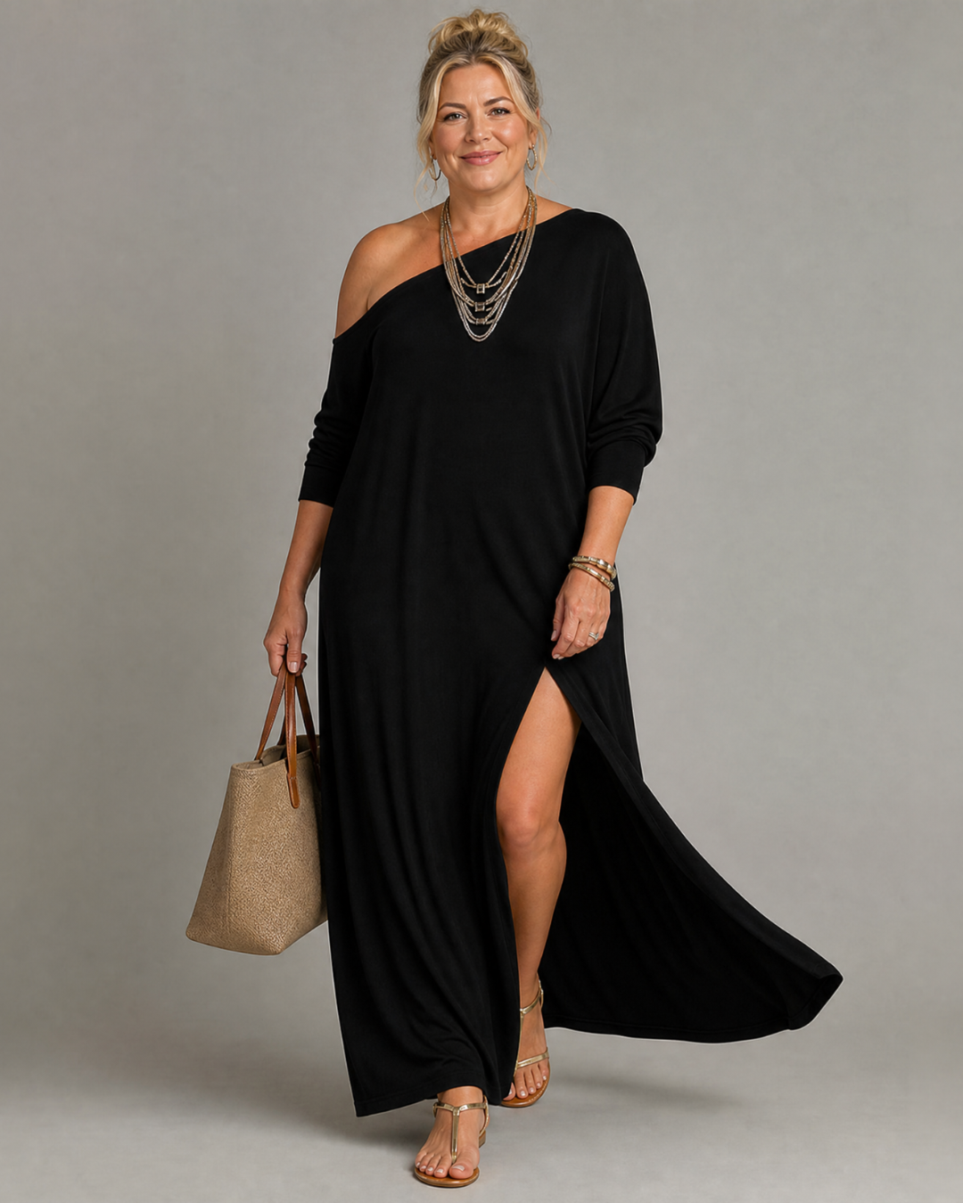 Asterelle | One Shoulder Side Slit Flowing Midi Dress-1
