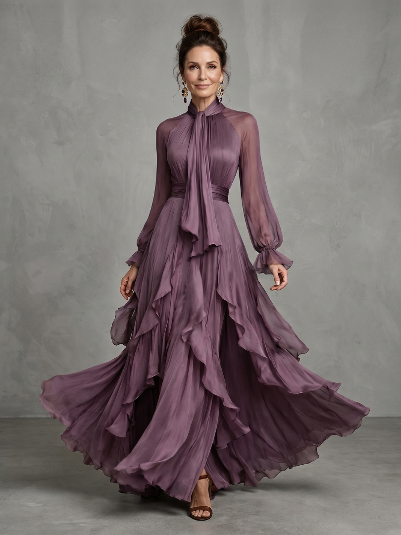 Demetria | Tie Neck Ruffle Tiered Maxi Dress-1