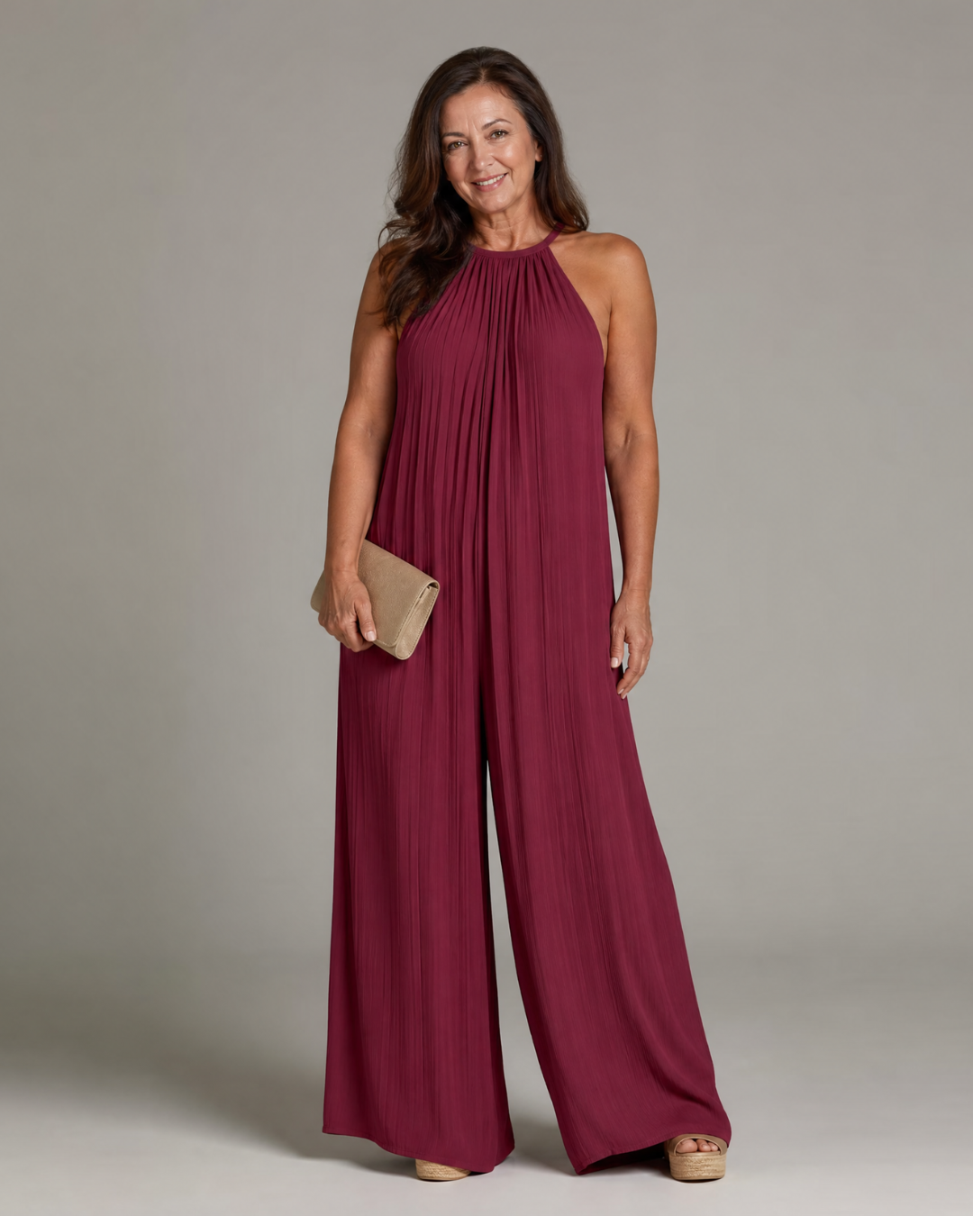 Sylvara | Pleated Halter Neck Wide Leg Relaxed Jumpsuit-1
