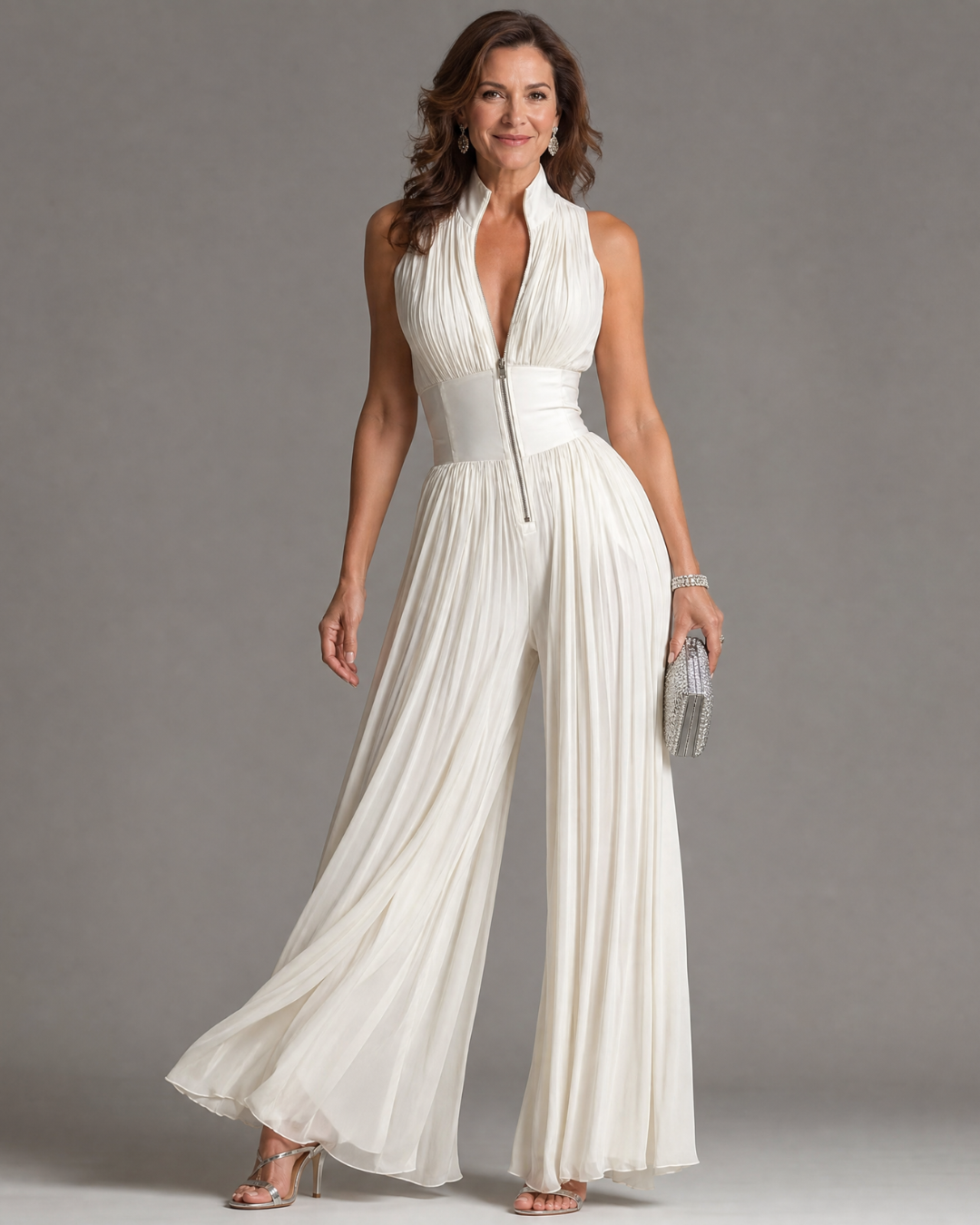 Zakira | Pleated Halter Neck Wide Leg Jumpsuit-1