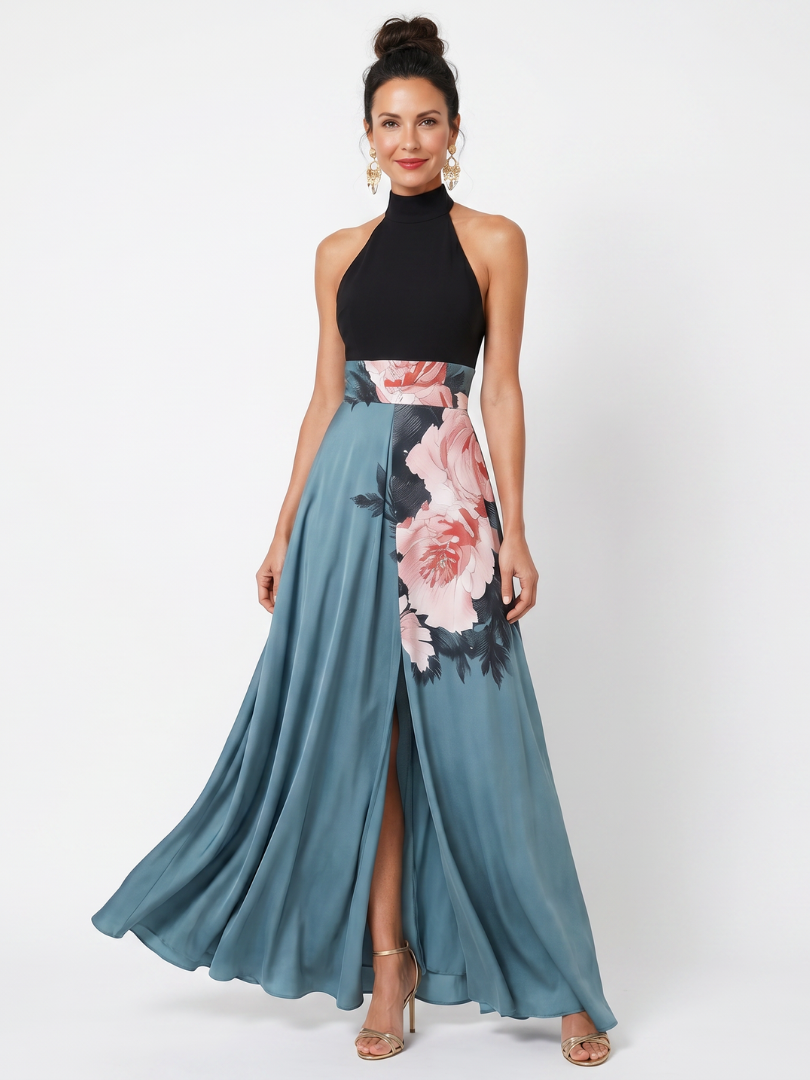 Olympas | Halter Bodice Floral Skirt Maxi Dress-1