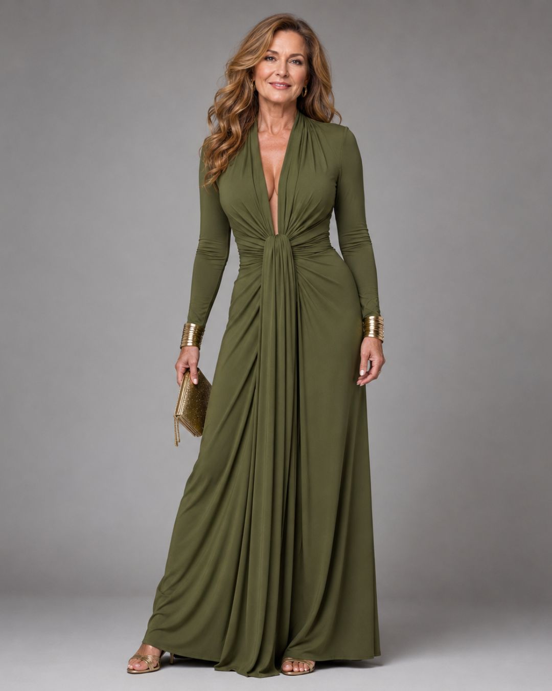 Vimmer | Draped Deep V Neck Long Sleeve Maxi Dress-1