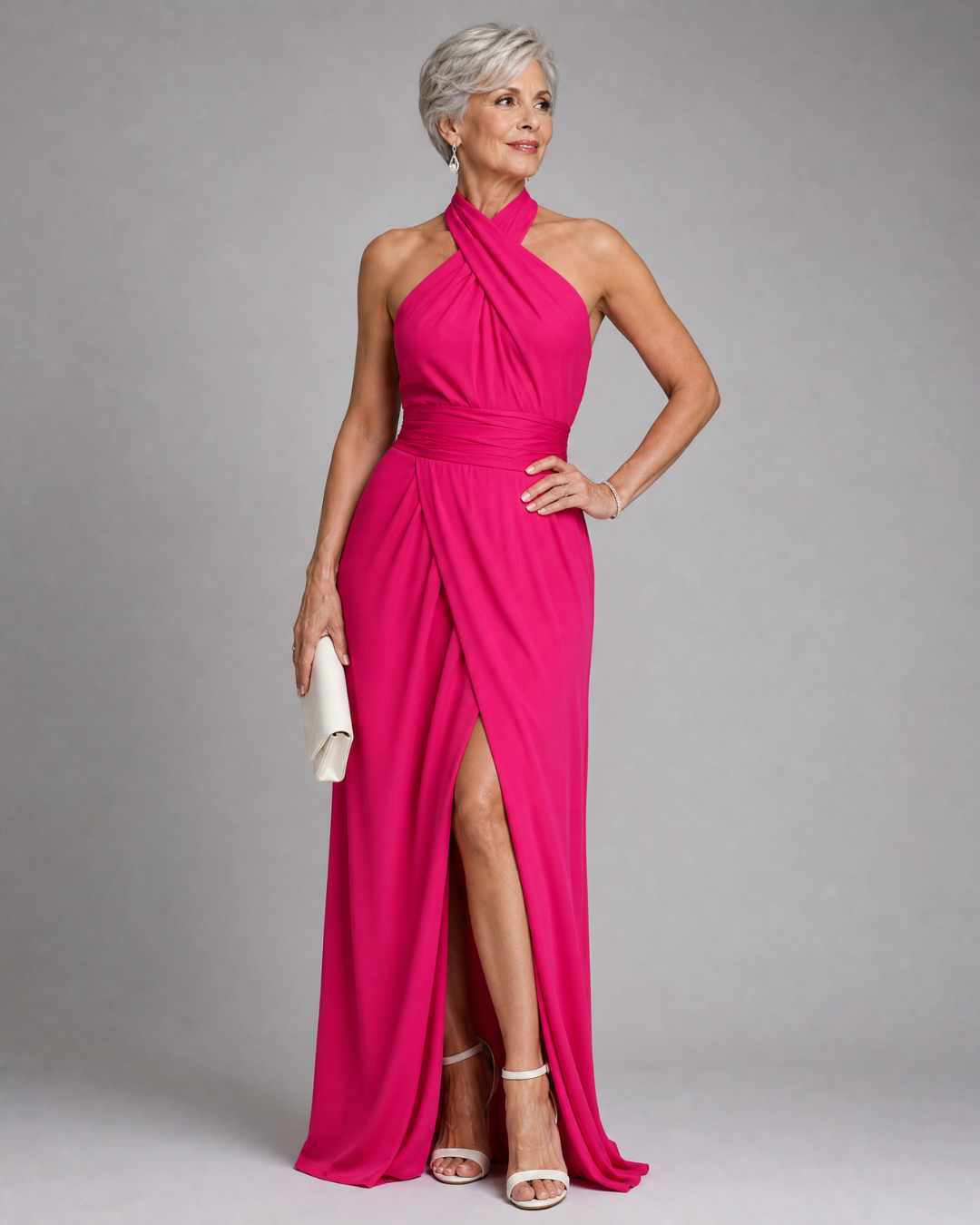 Vaelora | Cross Halter Draped Side Slit Midi Dress-1