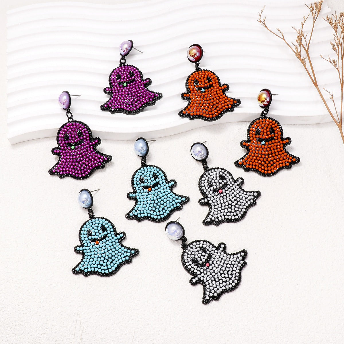 Cartoon funny and cute little ghost pearl ghost face earrings Halloween ghost earrings-7