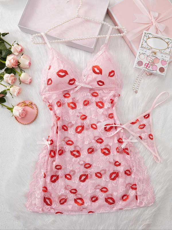 Women's Lip Print Lace Trim Cami Nightdress & Thong Sexy Lingerie Set-1