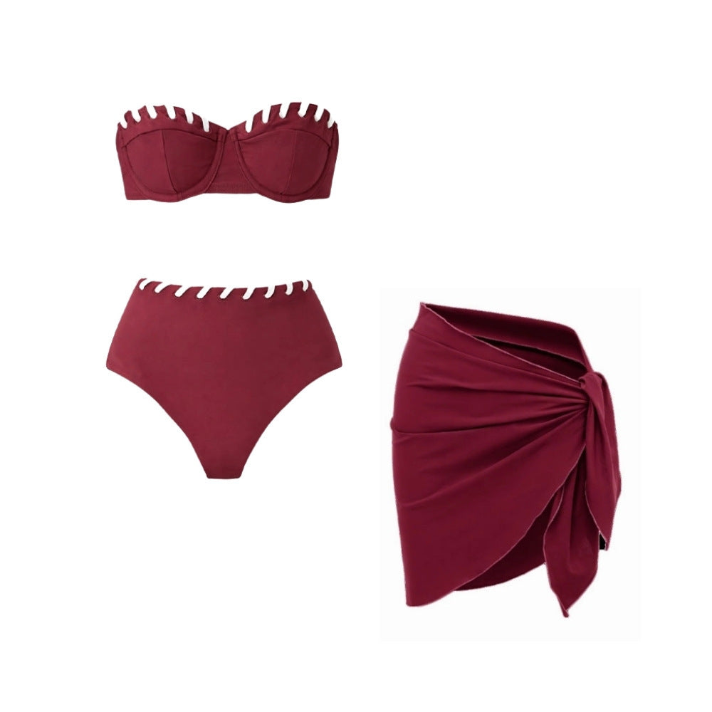 Wine Red Unique Design Strapless One-piece Swimsuit Set with Wrap Skirt for Women-6