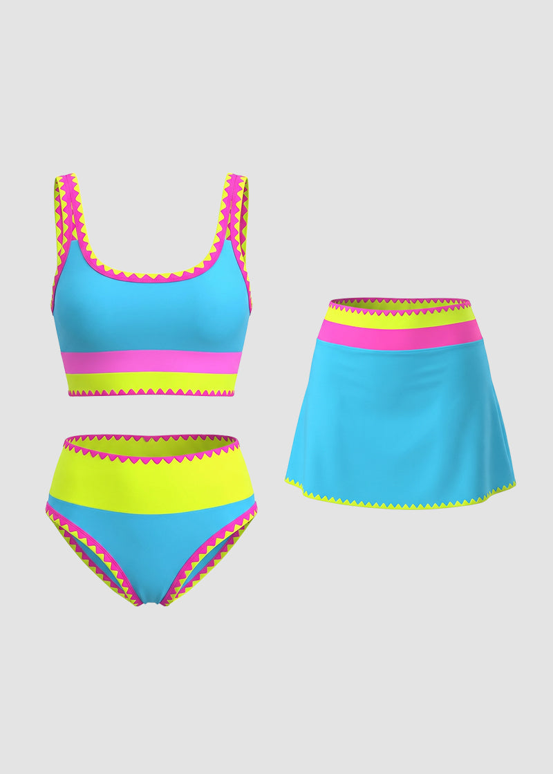 Color Contrast Patchwork Nylon Sporty 3 Piece Bikini Sets-22