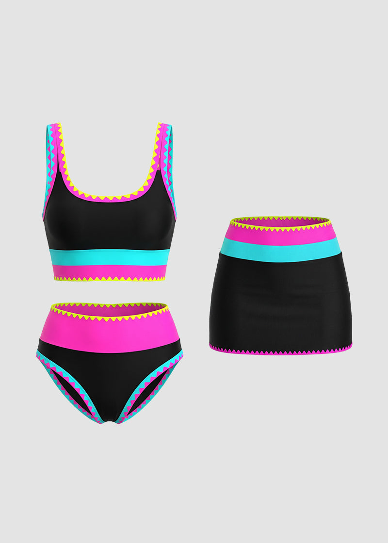 Color Contrast Patchwork Nylon Sporty 3 Piece Bikini Sets-23
