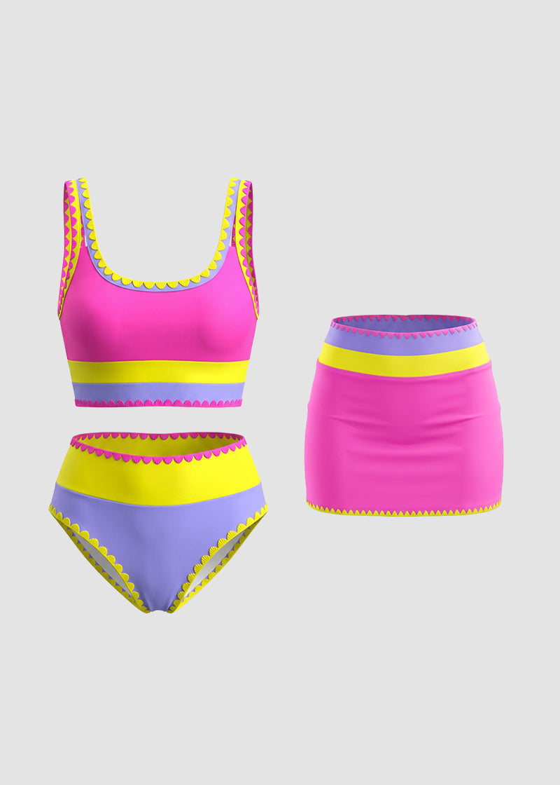 Color Contrast Patchwork Nylon Sporty 3 Piece Bikini Sets-24