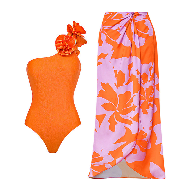 Floral Decorated Off-Shoulder One-Piece Swimsuit Dress Swimwear-1