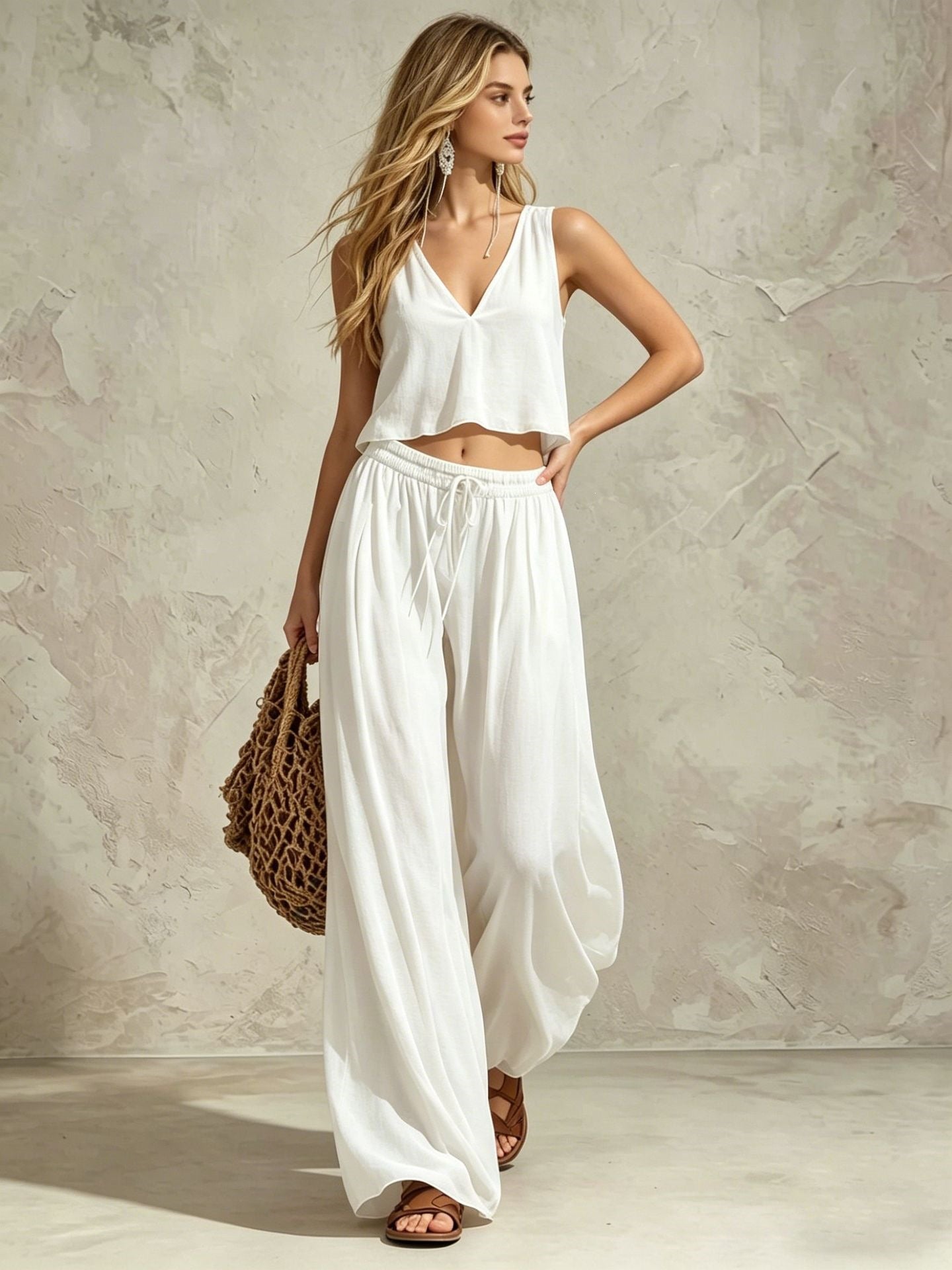 V-neck solid color sleeveless camisole top wide leg pants set-8