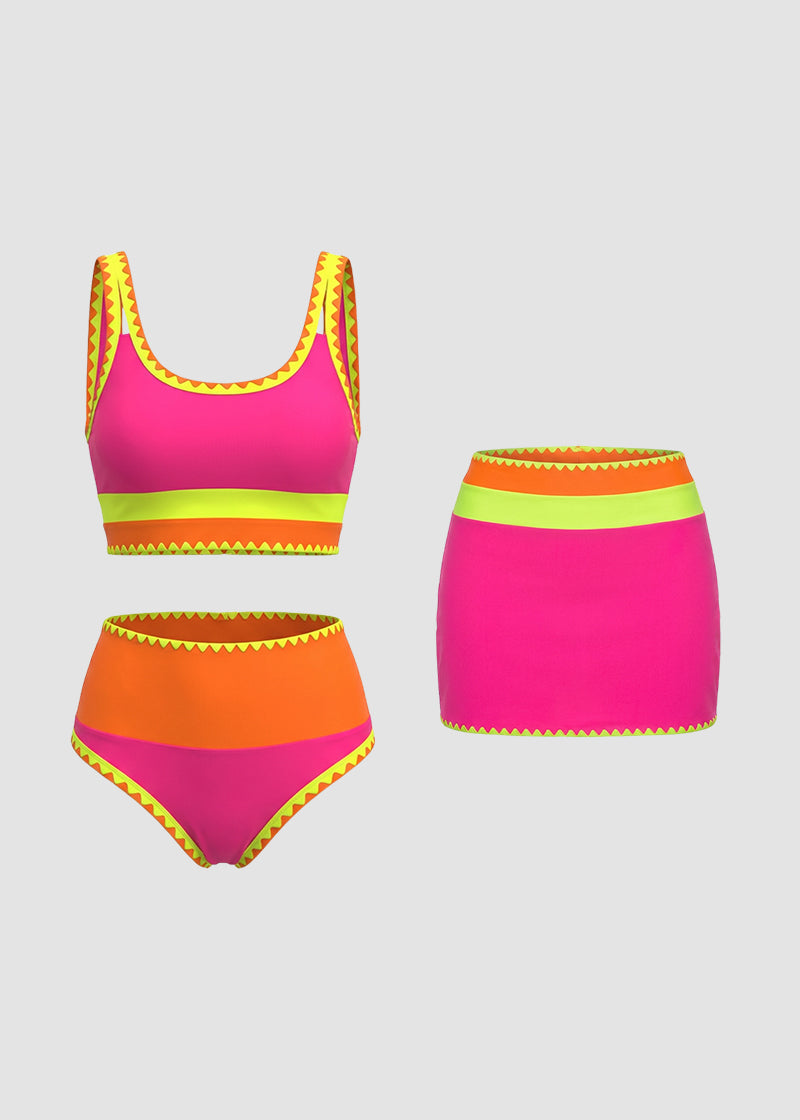 Color Contrast Patchwork Nylon Sporty 3 Piece Bikini Sets-25