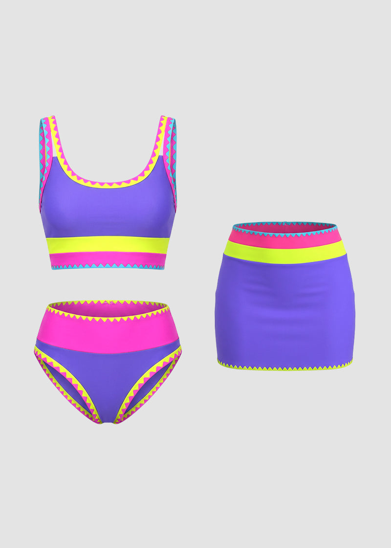 Color Contrast Patchwork Nylon Sporty 3 Piece Bikini Sets-26