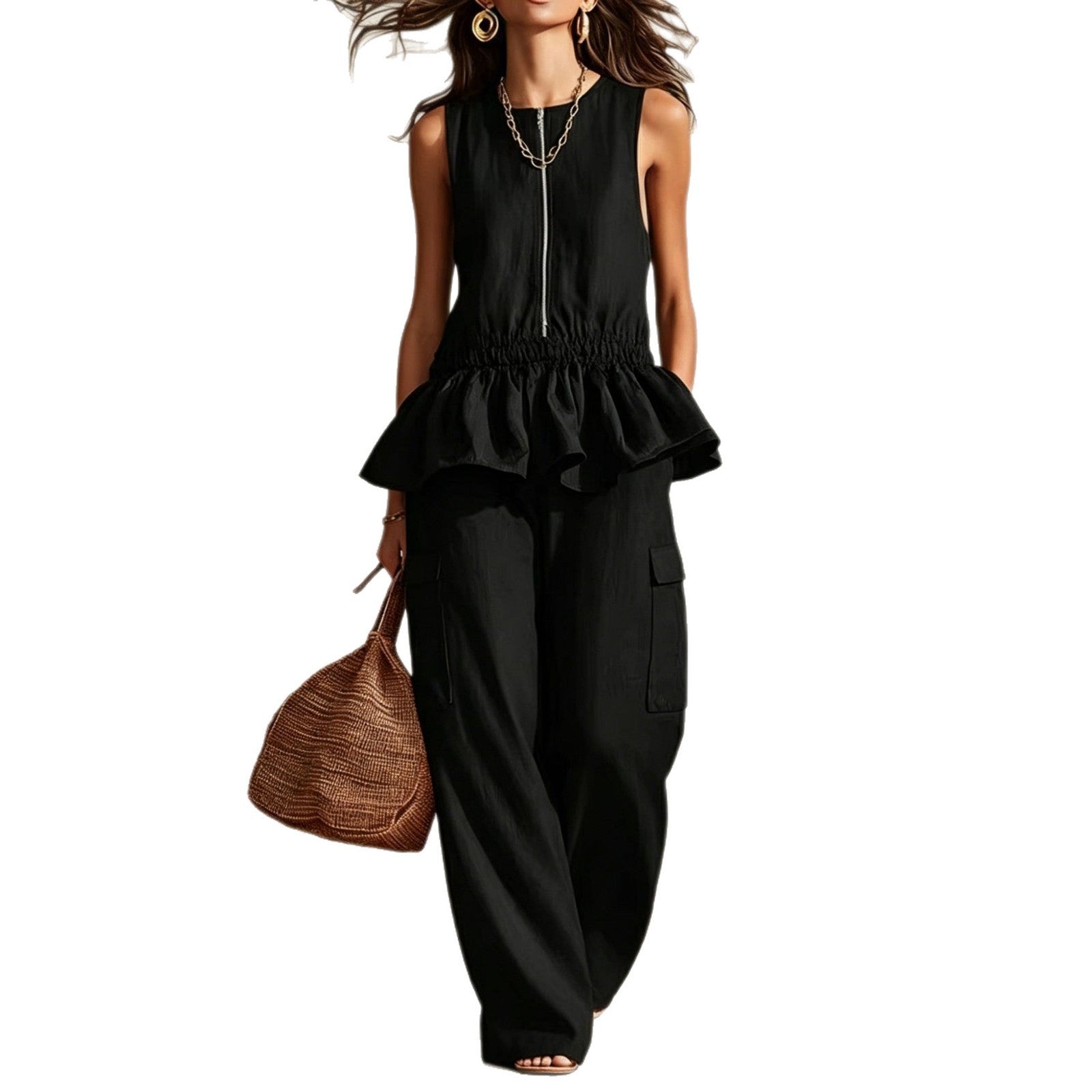 Sleeveless pleated vest wide leg pants set-1