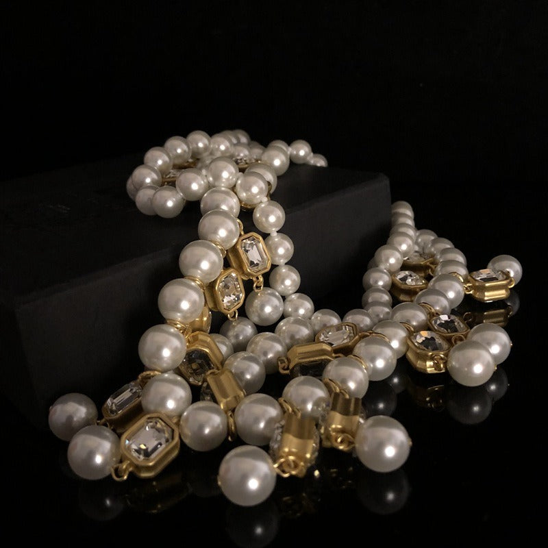 Glass pearl multi-layer short necklace set with diamonds and cut gemstones pearl necklace sweater chain-3