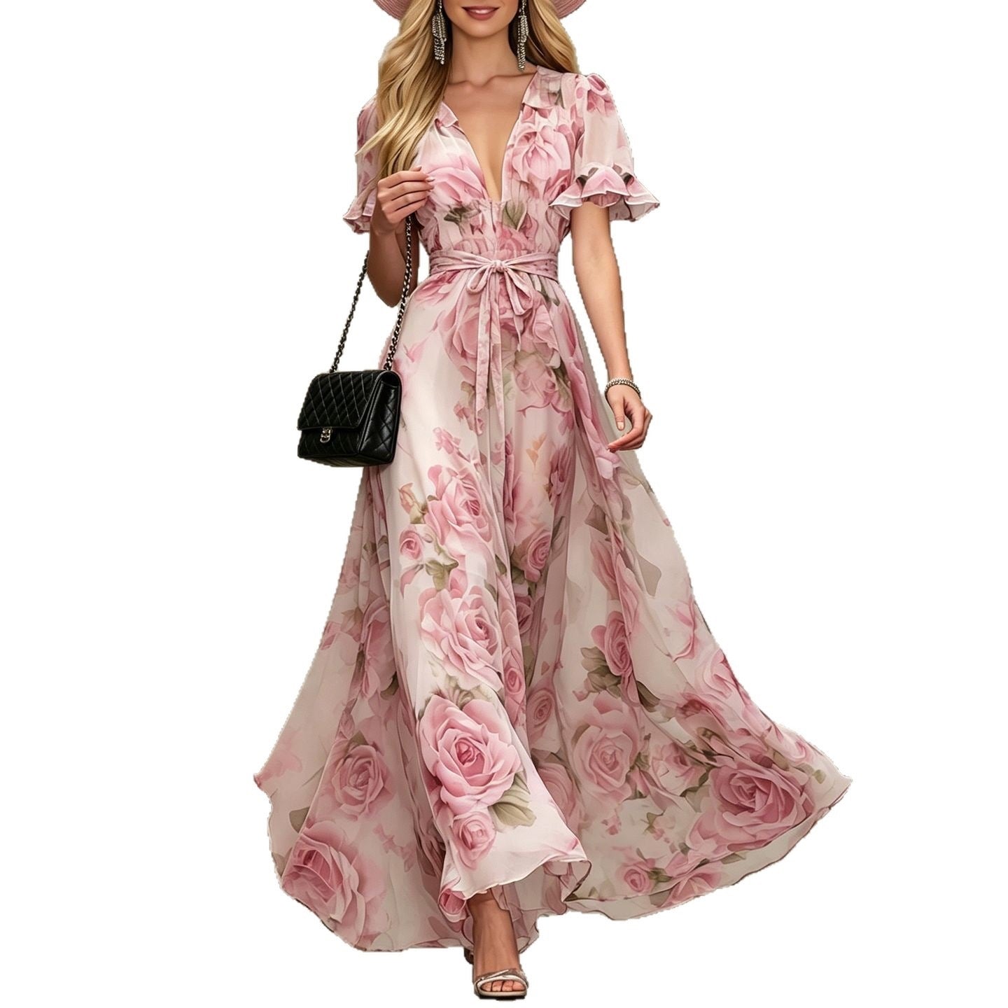 Deep V-neck ruffle sleeve printed dress-1