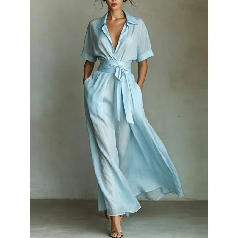 Solid color waist slimming dress-2