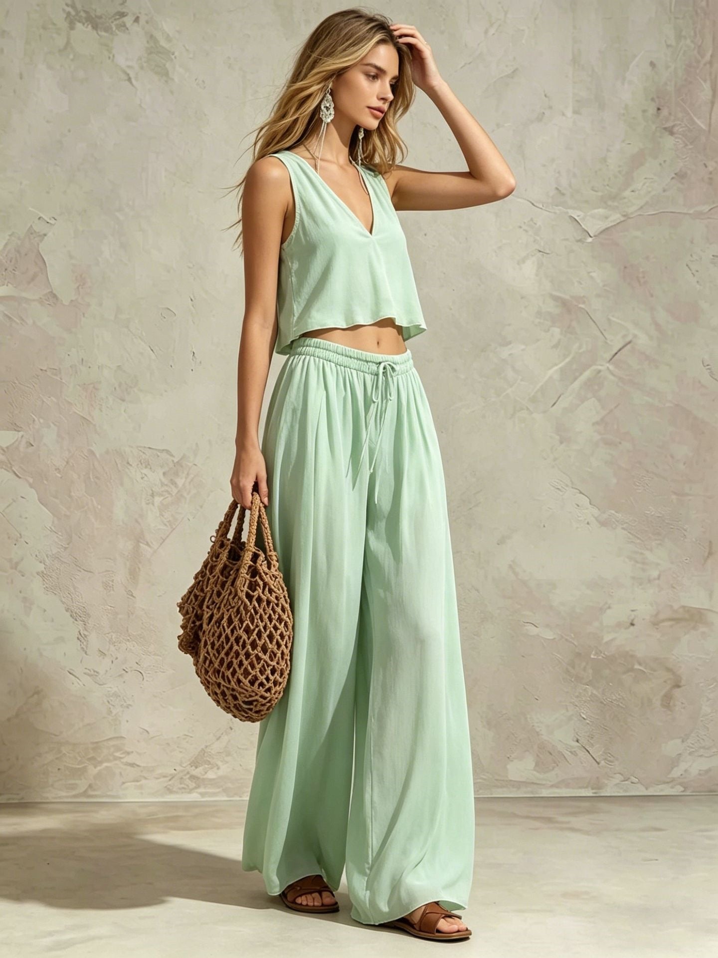 V-neck solid color sleeveless camisole top wide leg pants set-7