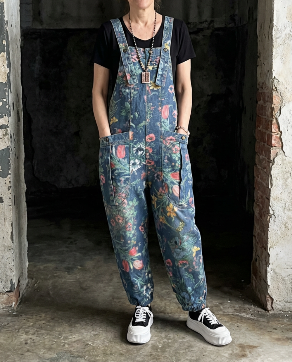 Flora | Floral Print Baggy Bib Overalls-1