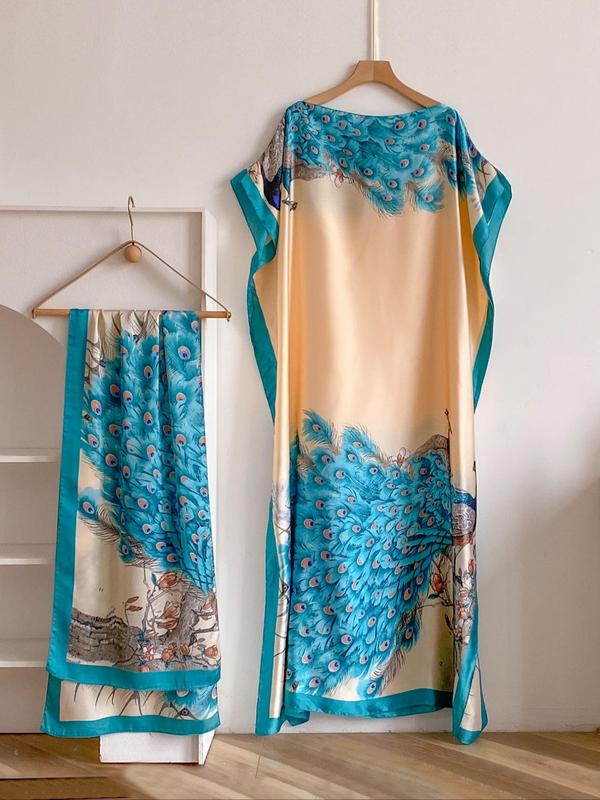 Women's Peacock Print Cape Shawl & Scarf Set – Elegant Beach Swim Cover-Up-14