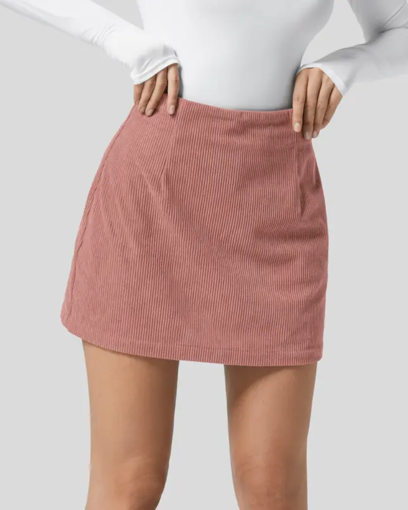 High Waisted Invisible Zipper 2-in-1 Mini A-line Corduroy Casual Skirt-3