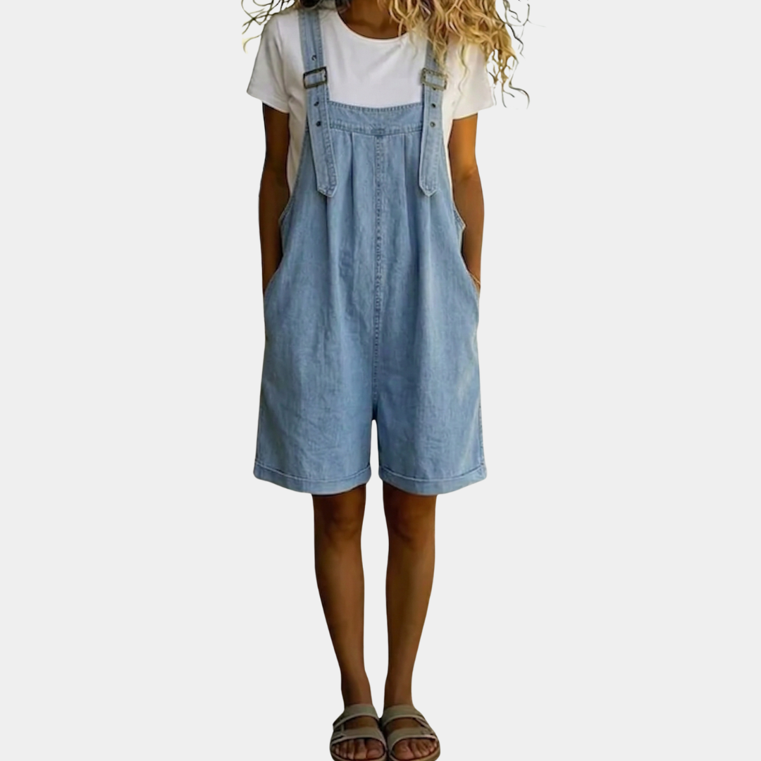 Saylor - Vintage Washed Soft Cotton Feel Denim Short Overall Light blue-1