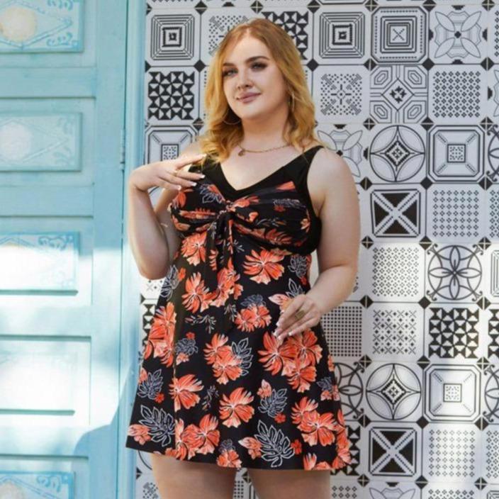 Women's Two Piece Swim Dress Plus Size Tummy Control Tankinis Swimdress Floral Printed Swimwear Swimsuits with Boyshort-3