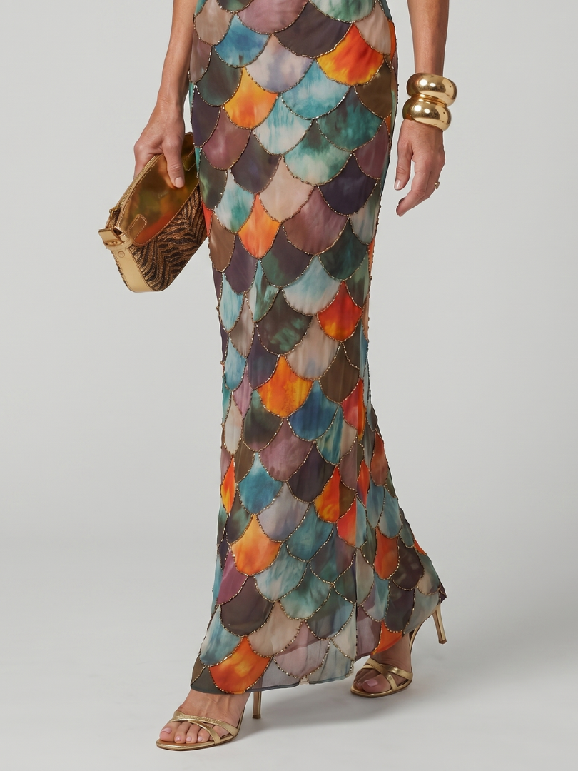 Larkin | Fitted Multicolor Scale Pattern Maxi Dress-3