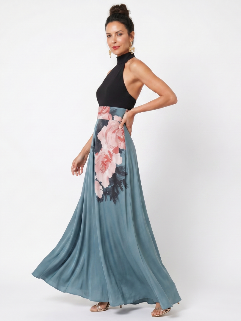 Olympas | Halter Bodice Floral Skirt Maxi Dress-2