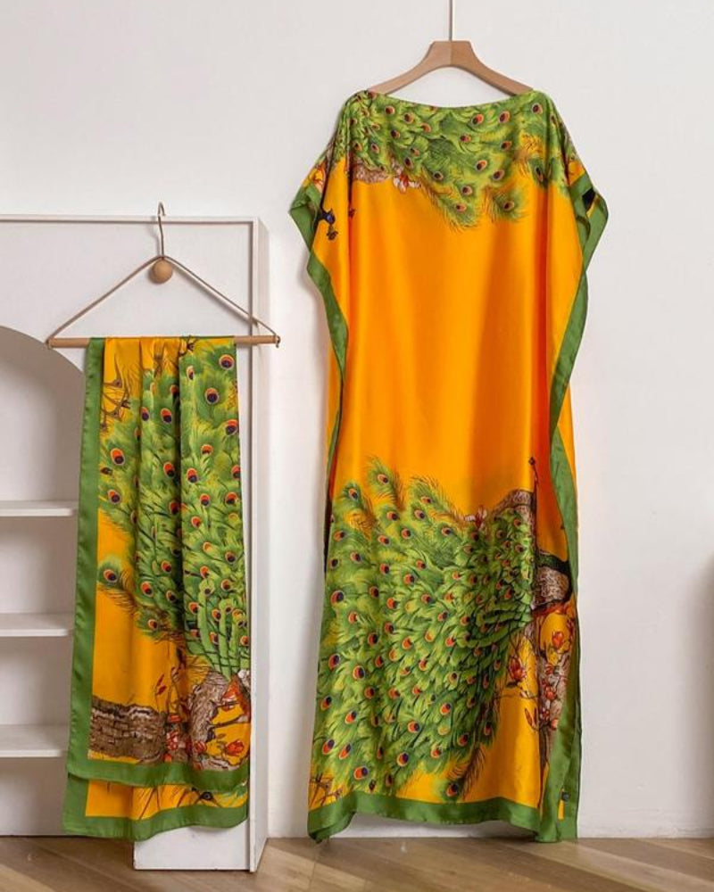 Women's Peacock Print Cape Shawl & Scarf Set – Elegant Beach Swim Cover-Up-2