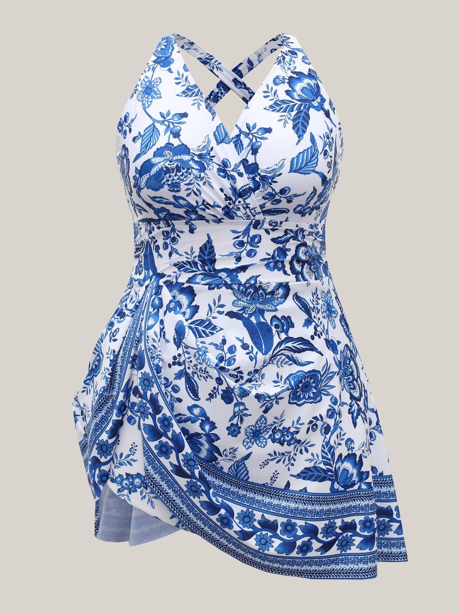 Boho Print Ruched Pockets Swim Dress-7