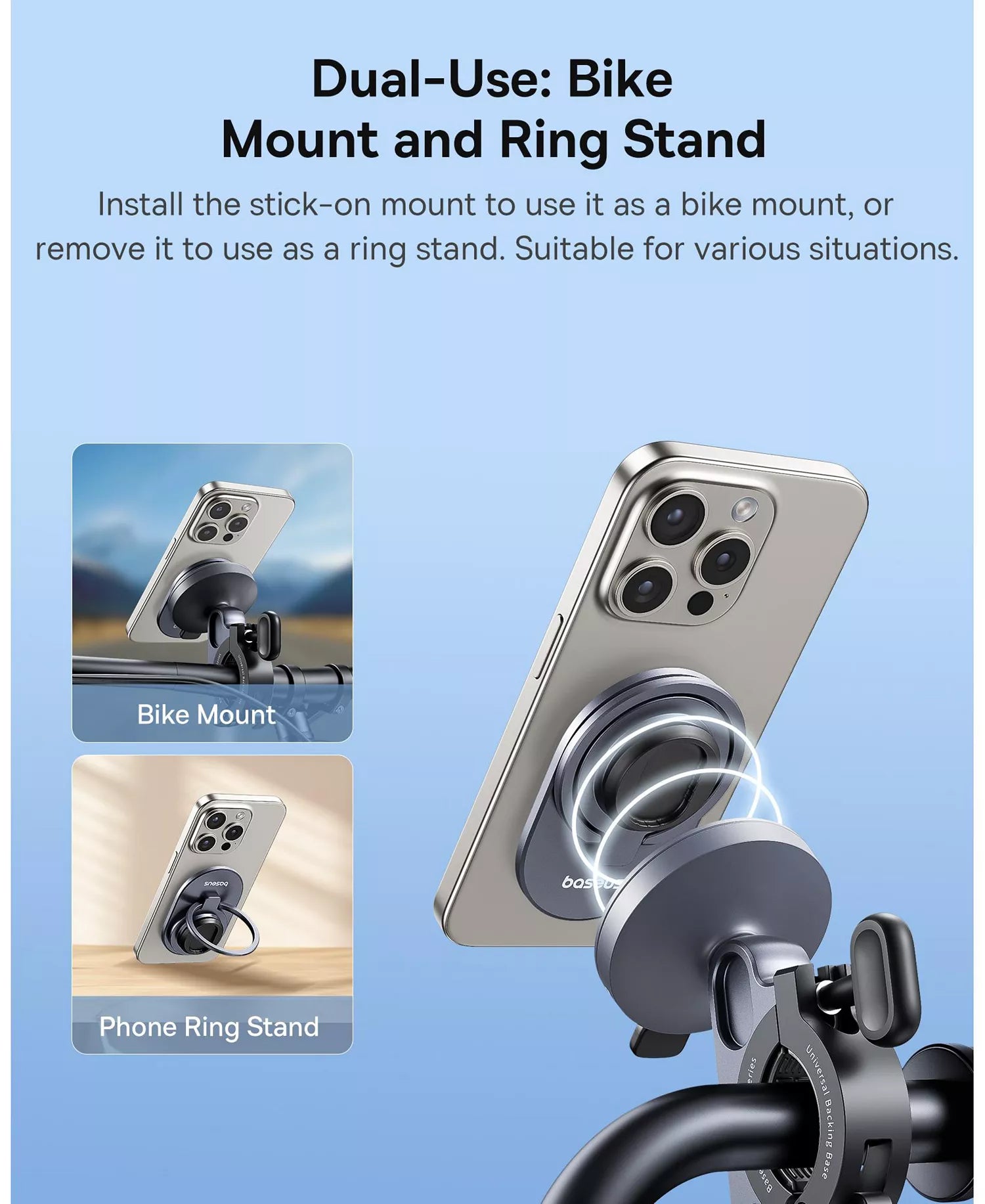 Baseus 2-in-1 Bike Phone Mount - Fixed Stick-On Handlebar Holder & Ring Stand - Zinc Alloy, Fits 20-35mm Bars - Black-3