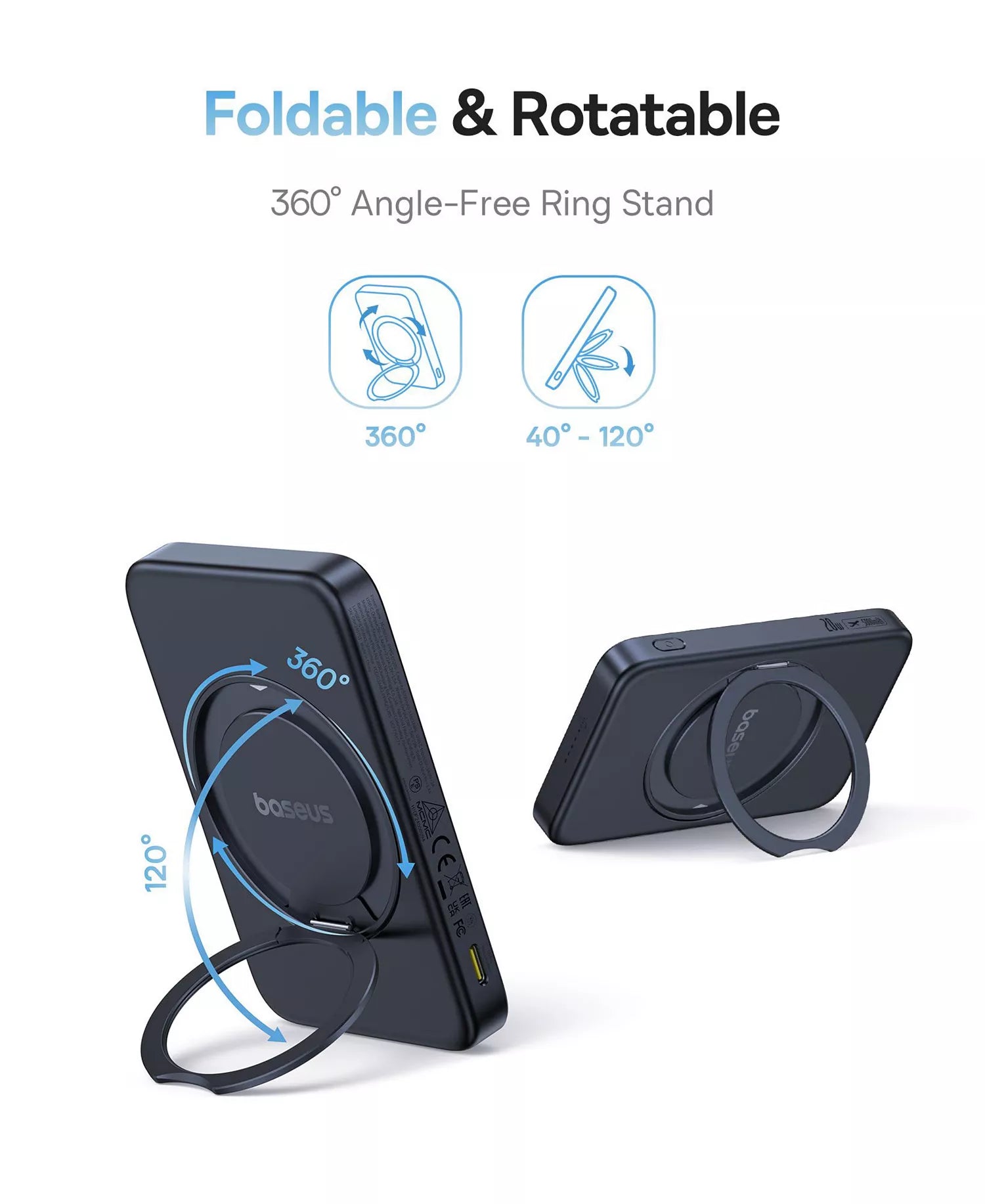 Baseus Qi2 Magnetic Power Bank 20W MagSafe Portable Charger 5000mAh Bracket Battery Pack with 360°Rotatable Ring Stand PicoGo-6