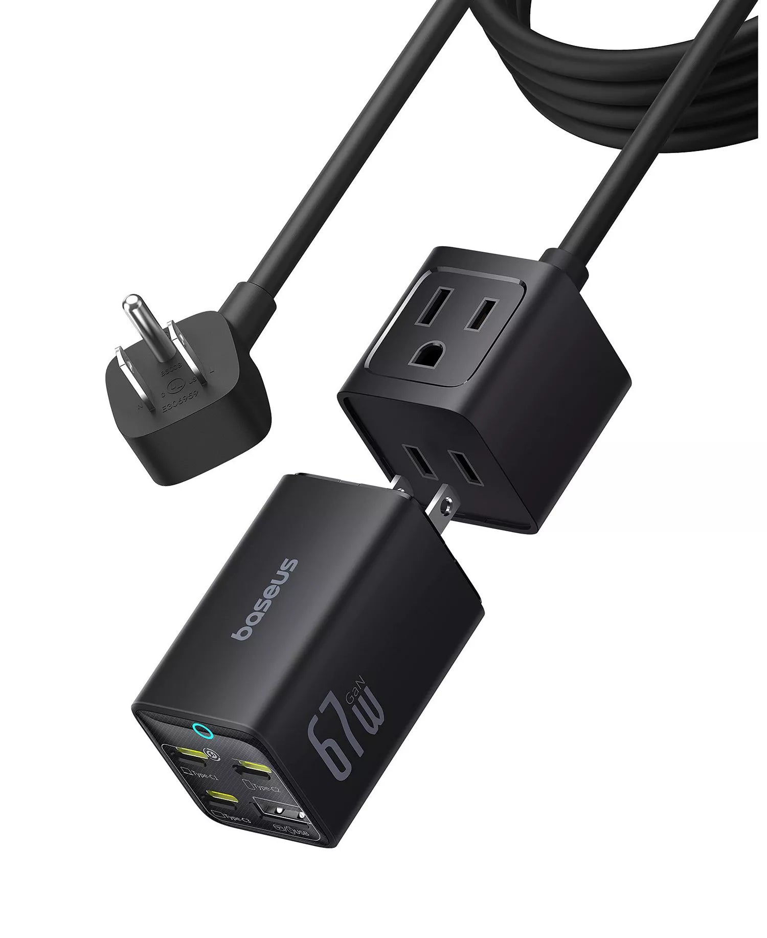 Baseus PowerCombo Mini Power Strip 5 in 1 Charging Station 67W USB C Fast Charger,5ft Flat Extension Cord with 2 AC Outlets-1