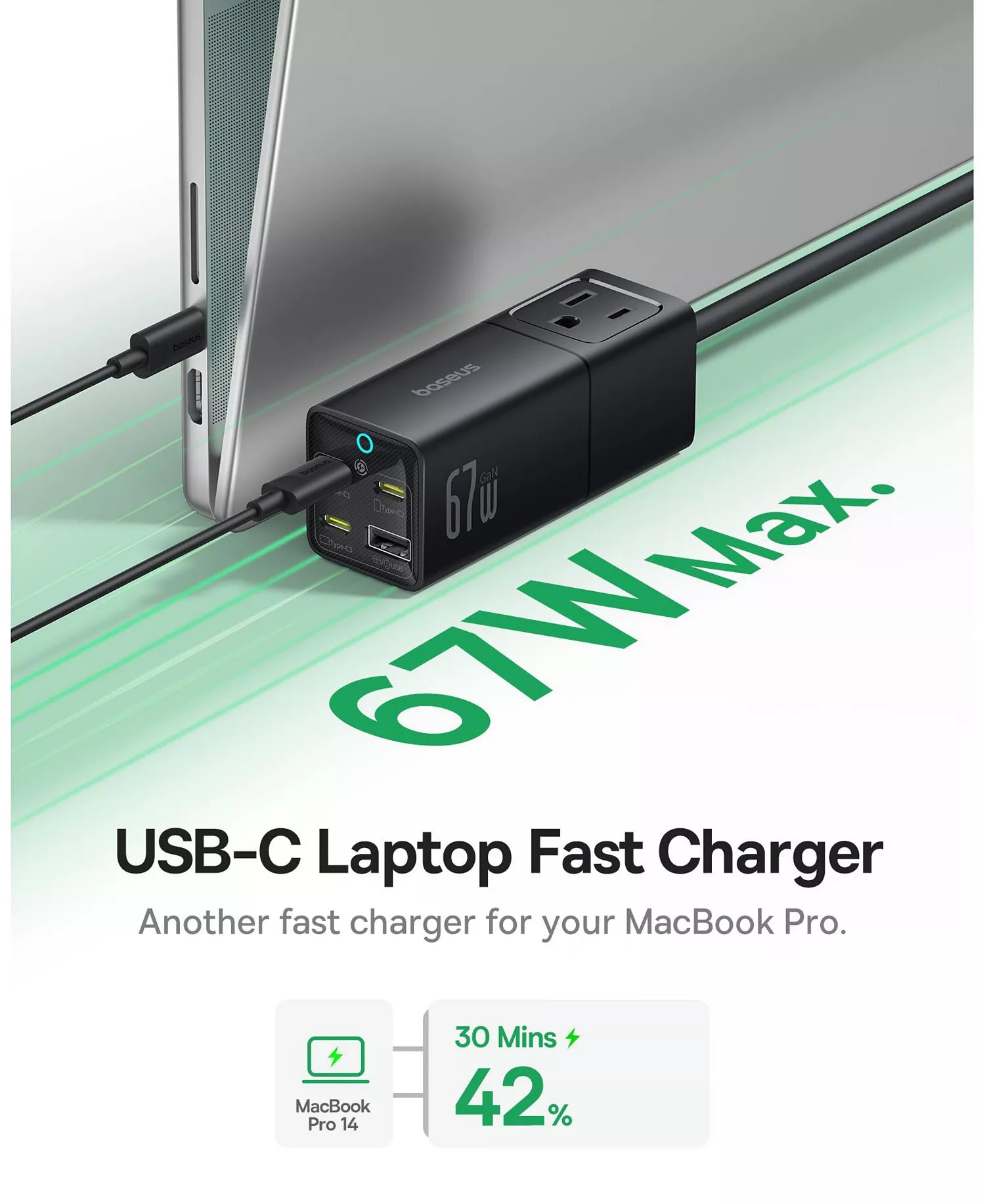 Baseus PowerCombo Mini Power Strip 5 in 1 Charging Station 67W USB C Fast Charger,5ft Flat Extension Cord with 2 AC Outlets-4
