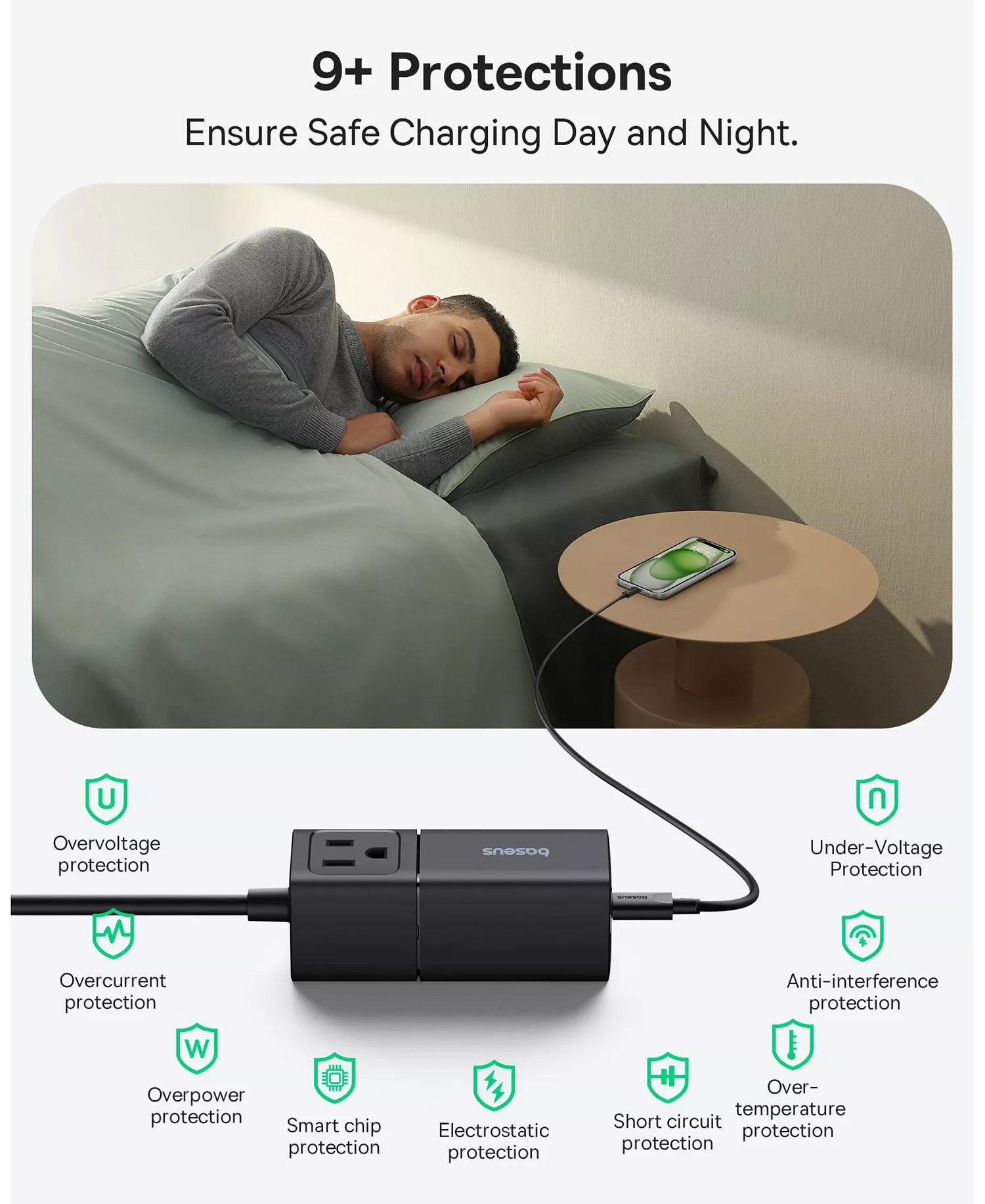 Baseus PowerCombo Mini Power Strip 5 in 1 Charging Station 67W USB C Fast Charger,5ft Flat Extension Cord with 2 AC Outlets-8