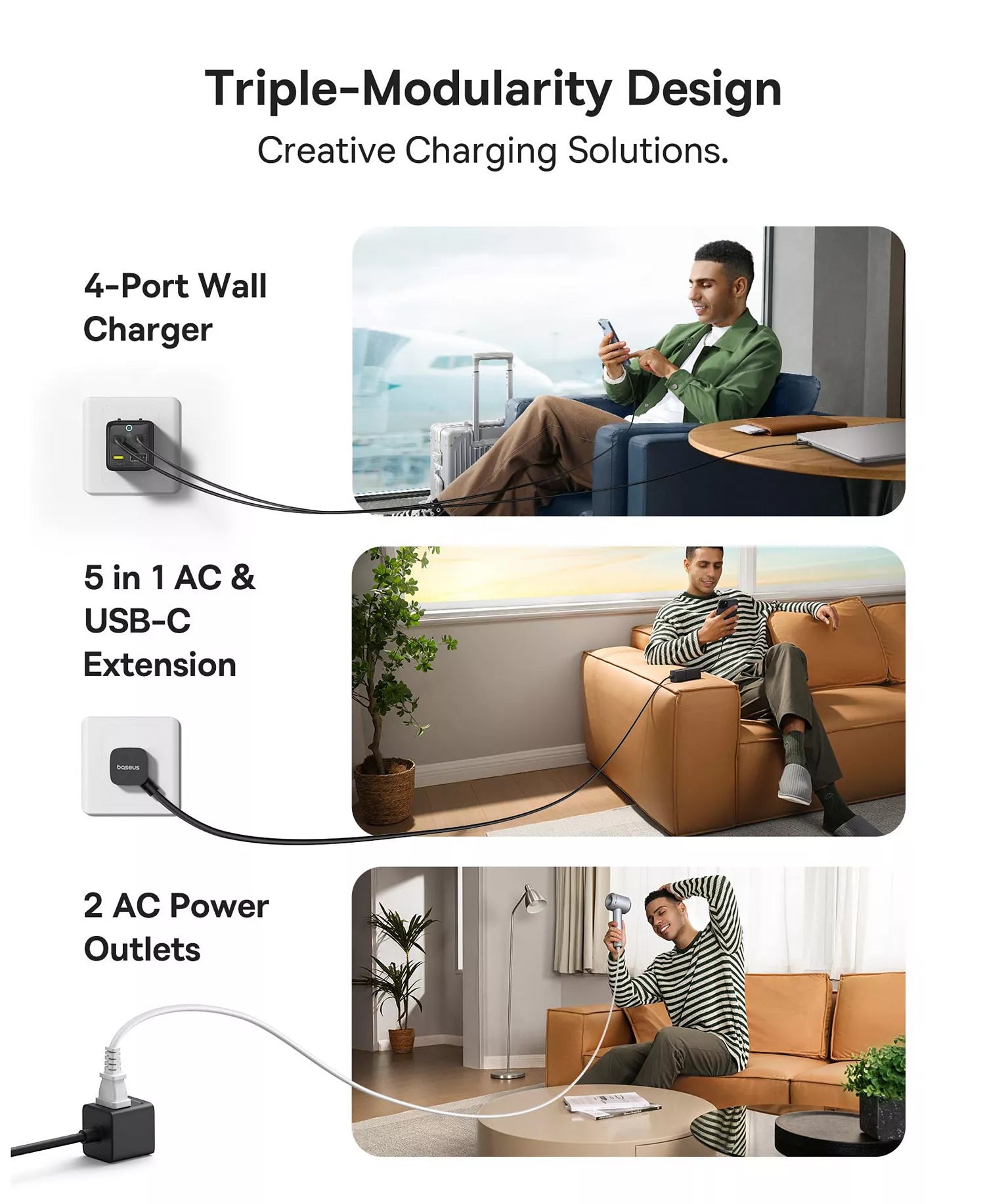 Baseus PowerCombo Mini Power Strip 5 in 1 Charging Station 67W USB C Fast Charger,5ft Flat Extension Cord with 2 AC Outlets-11
