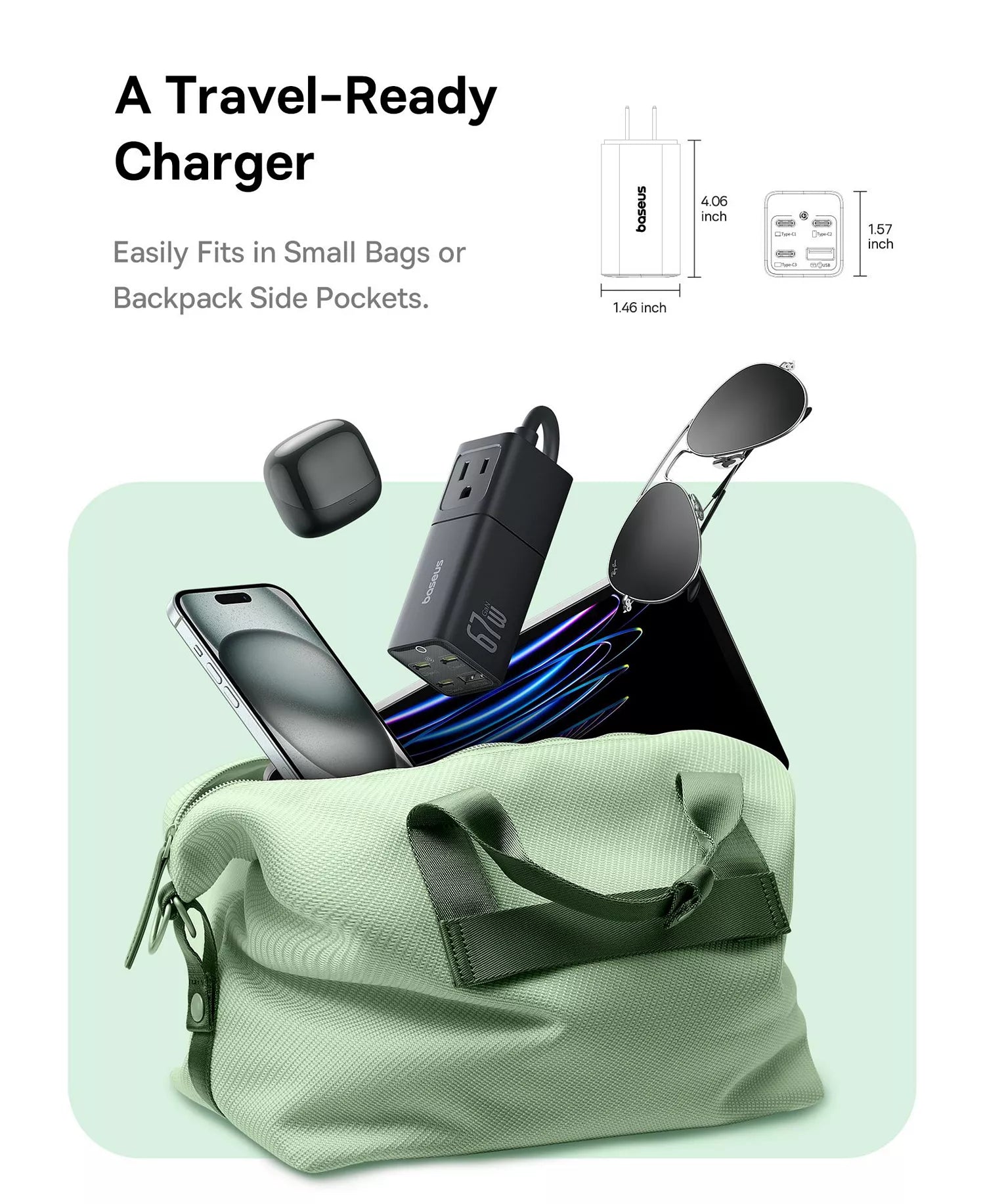 Baseus PowerCombo Mini Power Strip 5 in 1 Charging Station 67W USB C Fast Charger,5ft Flat Extension Cord with 2 AC Outlets-12