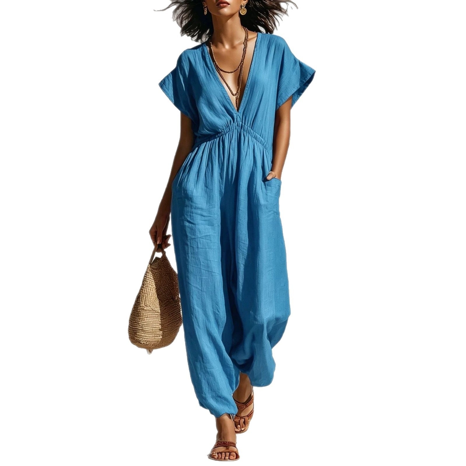 Deep V-neck loose fit pants for women-1
