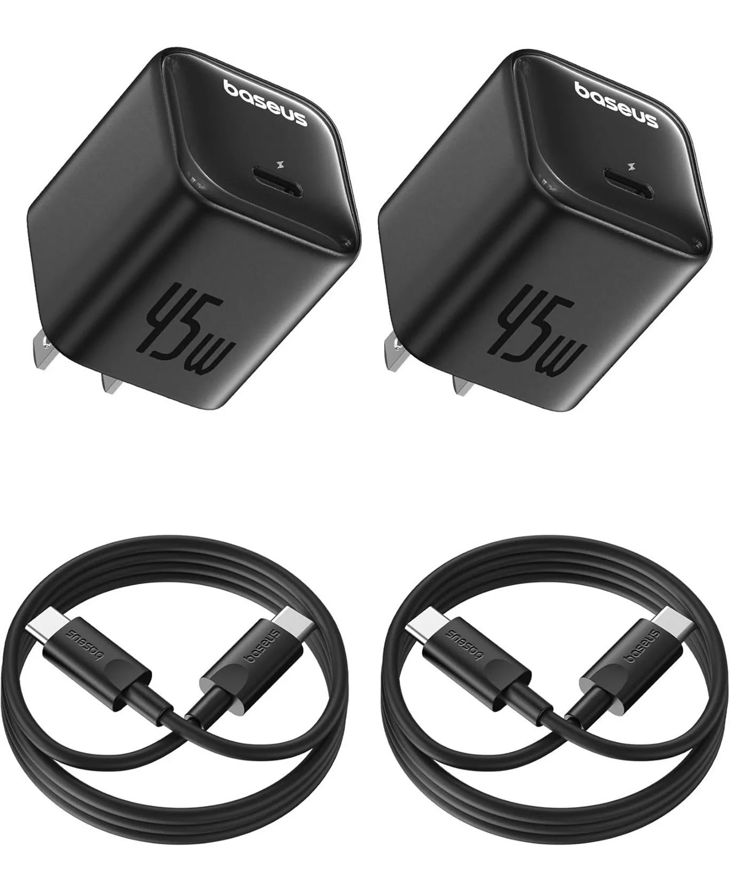 Baseus 2-Pack 45W USB-C Wall Charger with USB-C Cable, PPS Fast Charging for iPhone 17/16/15/14, iPad, Galaxy S24 Ultra and More