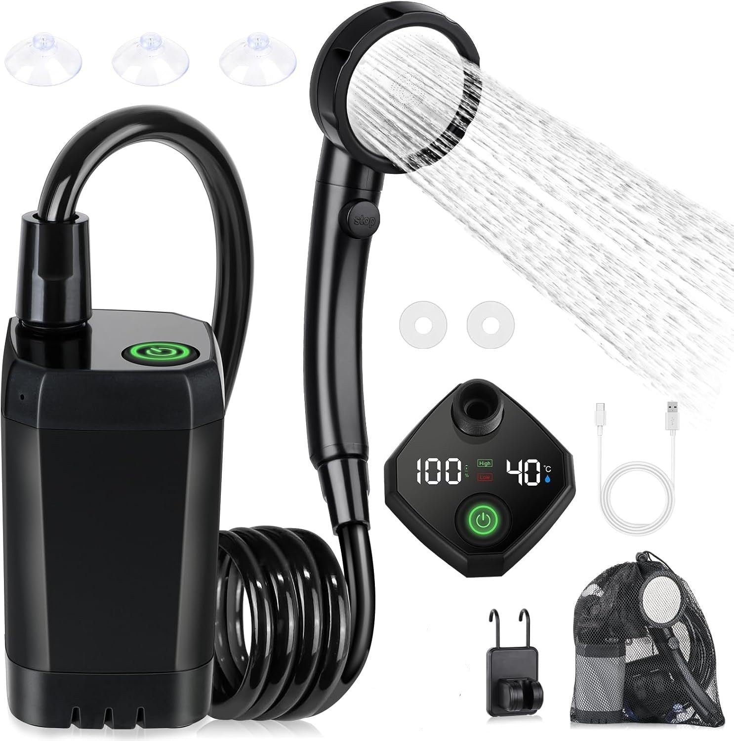Portable Outdoor Shower Kit, 6000mAh Rechargeable Water Pump with Display for Camping & Pet Bath-1
