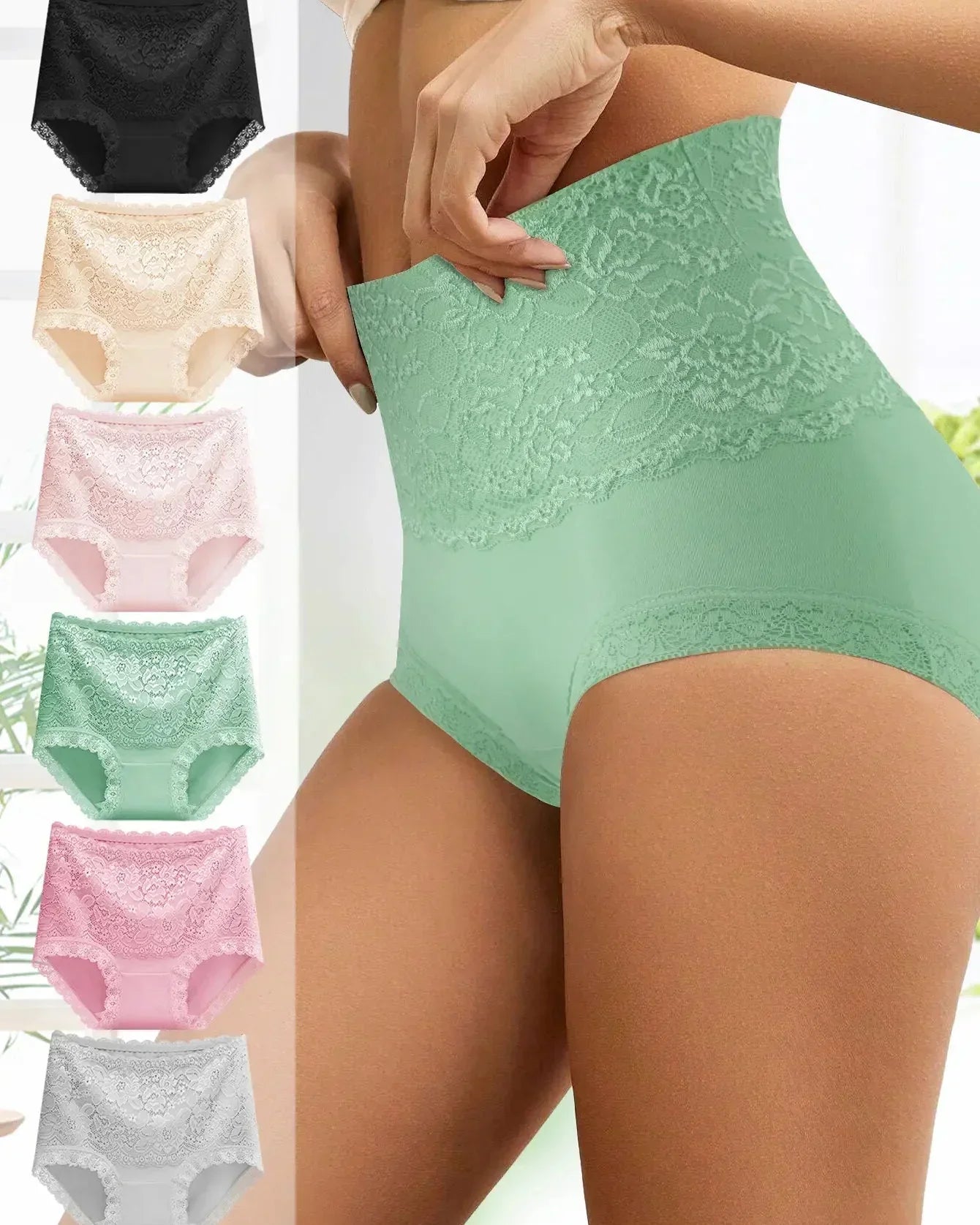 Women's Floral Lace High Waist Hip Lifting Cotton Briefs (3 Pack / 6 Pack)-10
