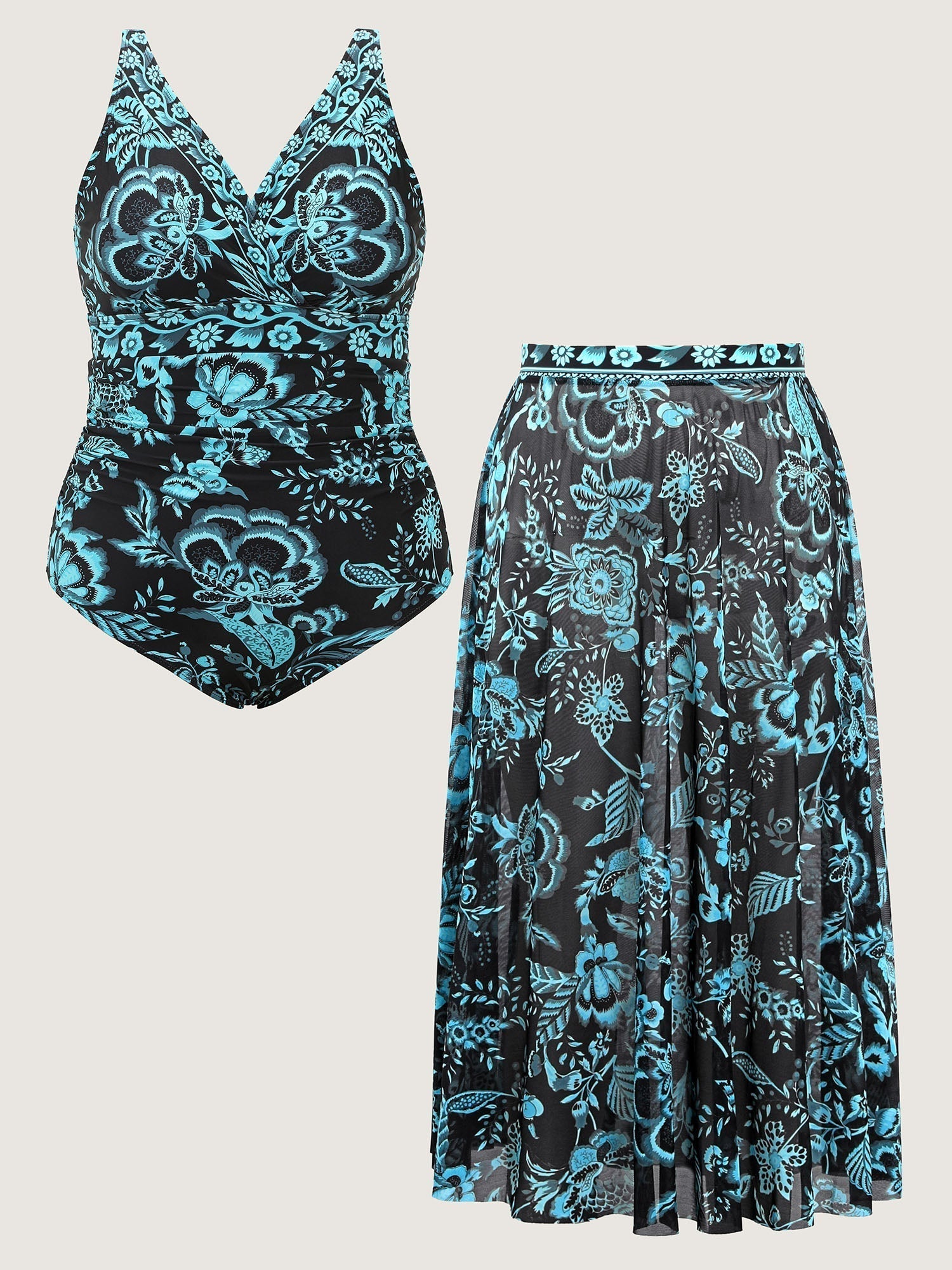 Two-Piece Floral Print Ruched Mesh Swimsuit-16
