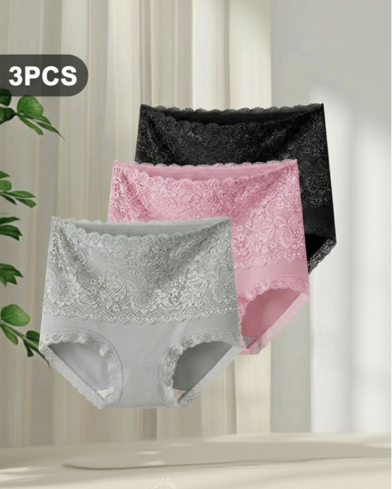 Women's Floral Lace High Waist Hip Lifting Cotton Briefs (3 Pack / 6 Pack)-11